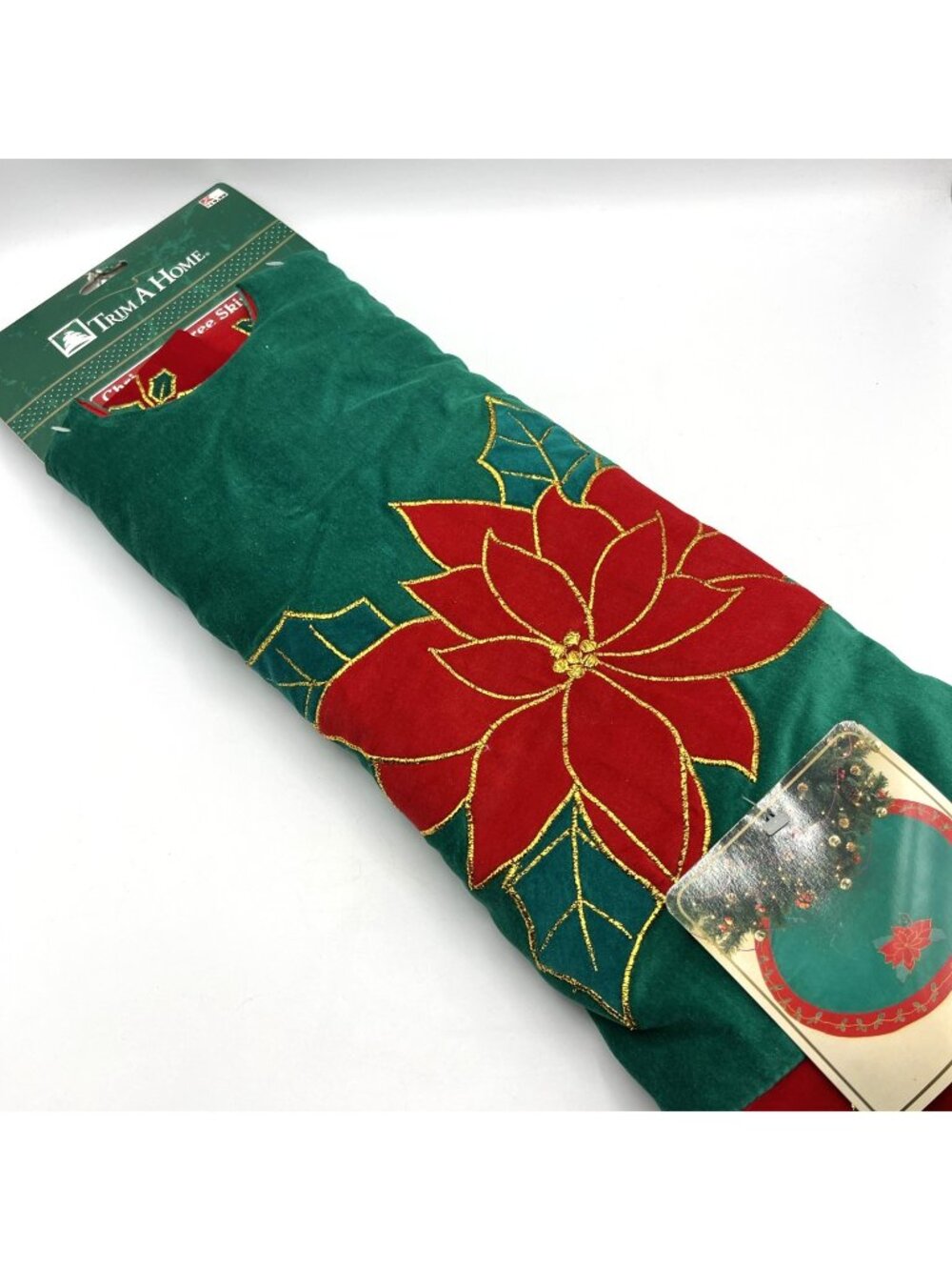 Vintage Kmart Christmas Tree Skirt Green Velvet Red Poinsettia 44 Inches